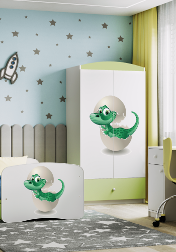 Babydreams barnekommode med liten dino, m. 3 skuffer - hvit og grnn laminat
