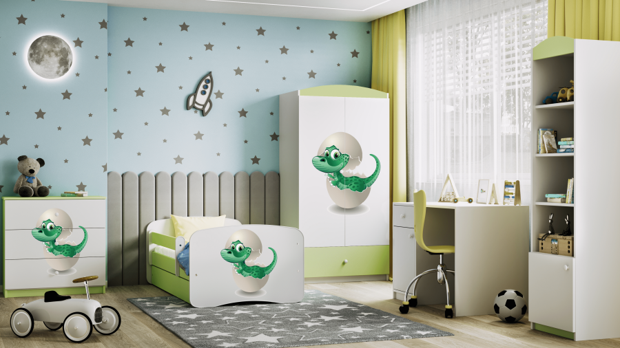 Babydreams barnekommode med liten dino, m. 3 skuffer - hvit og grnn laminat