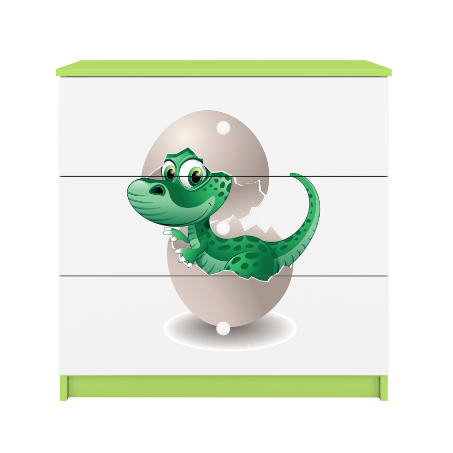 Babydreams barnekommode med liten dino, m. 3 skuffer - hvit og grnn laminat