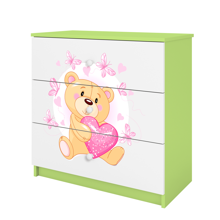 Babydreams Kinderkommode mit Teddybär und Schmetterlingen, mit 3 Schubladen - Laminat weiß und grün