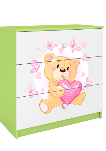 Babydreams Kinderkommode mit Teddybär und Schmetterlingen, mit 3 Schubladen - Laminat weiß und grün