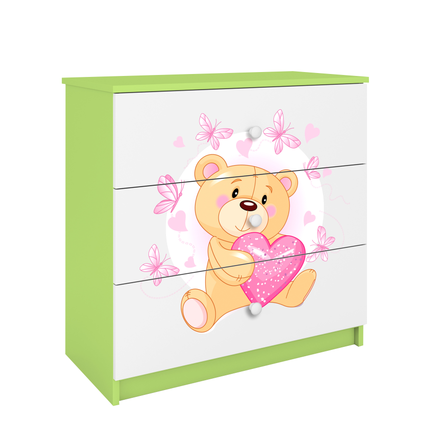 Babydreams Kinderkommode mit Teddybär und Schmetterlingen, mit 3 Schubladen - Laminat weiß und grün