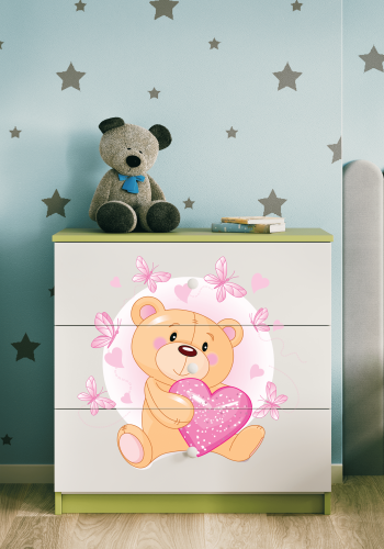 Babydreams Kinderkommode mit Teddybär und Schmetterlingen, mit 3 Schubladen - Laminat weiß und grün