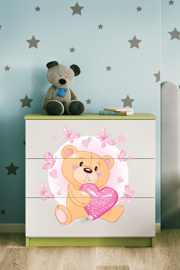 Babydreams Kinderkommode mit Teddybär und Schmetterlingen, mit 3 Schubladen - Laminat weiß und grün