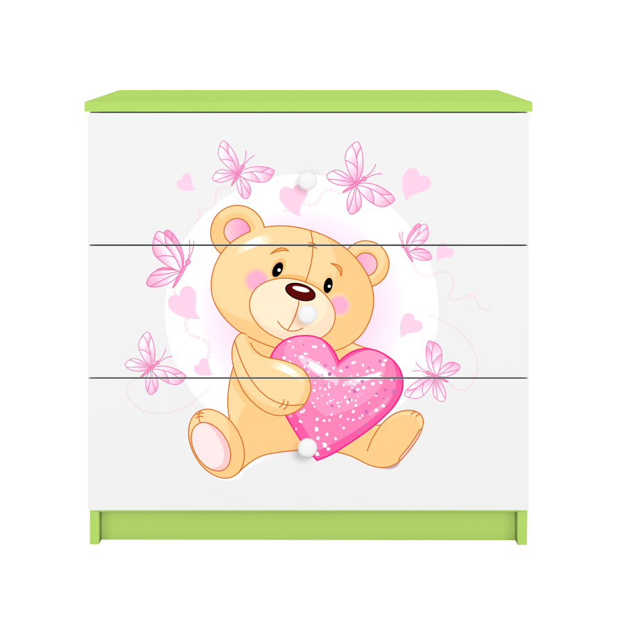 Babydreams Kinderkommode mit Teddybär und Schmetterlingen, mit 3 Schubladen - Laminat weiß und grün