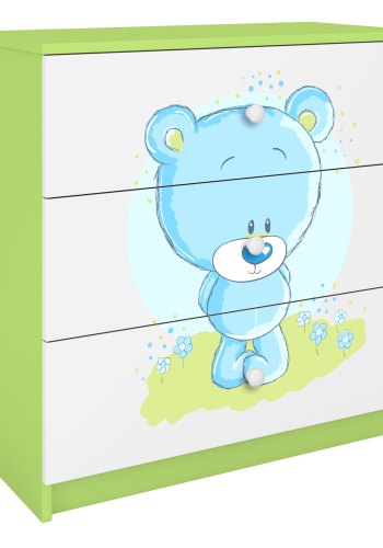 Babydreams barnekommode med bl bamse, m. 3 skuffer - hvit og grnn laminat