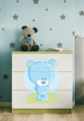 Babydreams barnekommode med bl bamse, m. 3 skuffer - hvit og grnn laminat