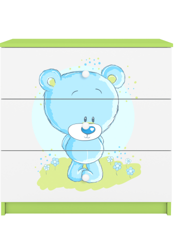 Babydreams barnekommode med bl bamse, m. 3 skuffer - hvit og grnn laminat