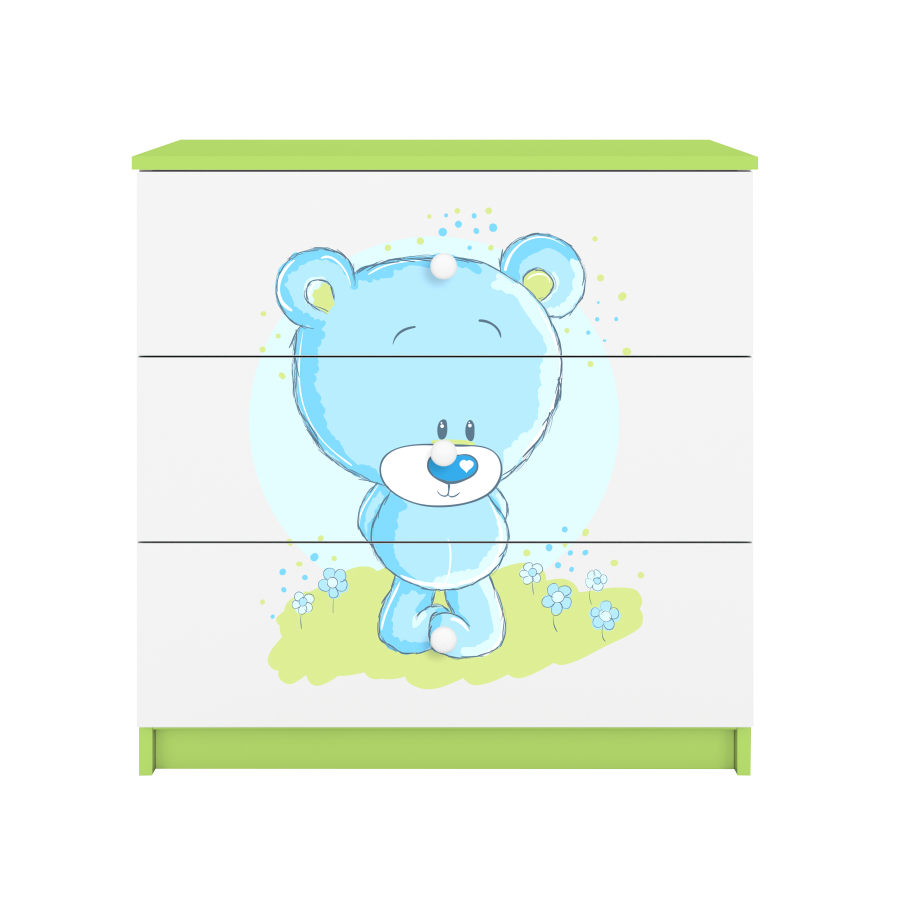 Babydreams barnekommode med bl bamse, m. 3 skuffer - hvit og grnn laminat