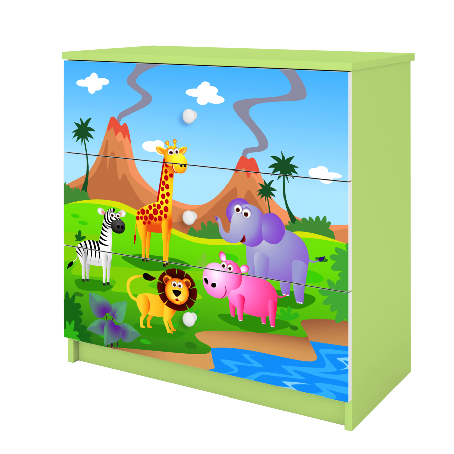 Babydreams barnekommode med safaridyr, m. 3 skuffer - flerfarget og grnn laminat