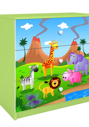 Babydreams barnekommode med safaridyr, m. 3 skuffer - flerfarget og grnn laminat