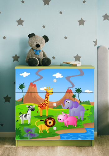 Babydreams barnekommode med safaridyr, m. 3 skuffer - flerfarget og grnn laminat