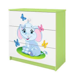 Babydreams brnekommode med elefant med sommerfugle, m. 3 skuffer - hvid og grn laminat