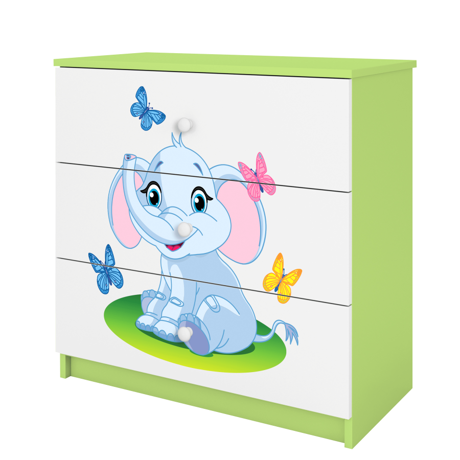 Babydreams barnekommode med elefant og sommerfugler, m. 3 skuffer - hvit og grnn laminat