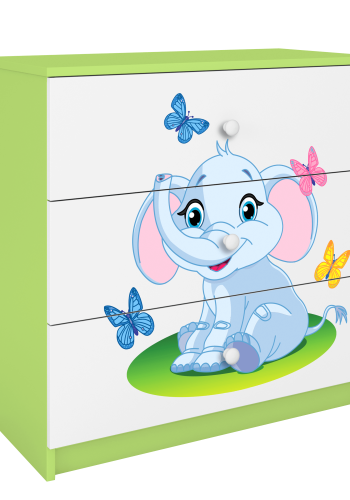 Babydreams barnekommode med elefant og sommerfugler, m. 3 skuffer - hvit og grnn laminat