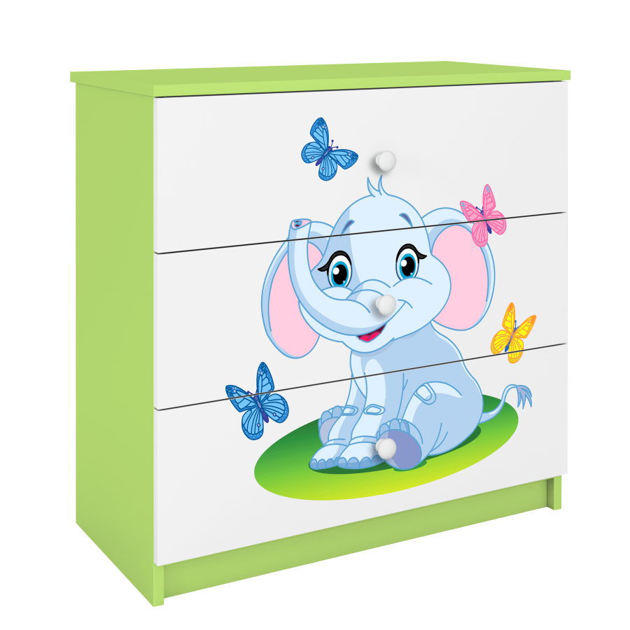 Babydreams barnekommode med elefant og sommerfugler, m. 3 skuffer - hvit og grnn laminat