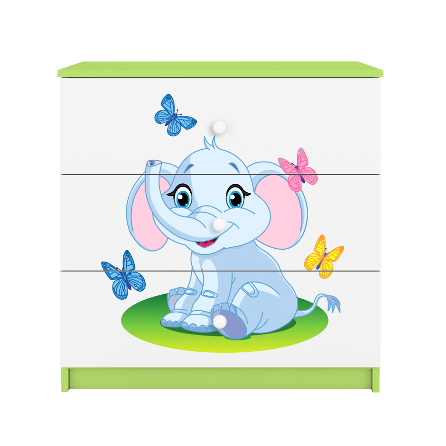 Babydreams barnekommode med elefant og sommerfugler, m. 3 skuffer - hvit og grnn laminat