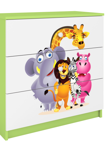 Babydreams barnekommode med dyrehagedyr, m. 3 skuffer - hvit og grnn laminat