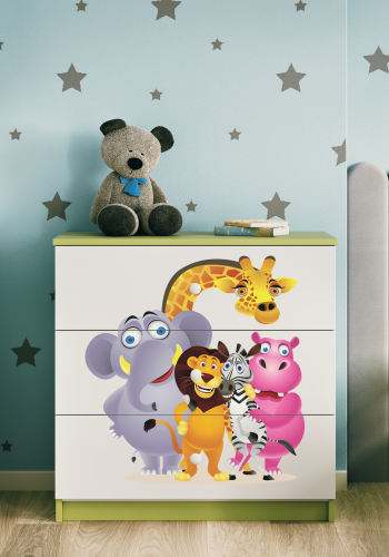 Babydreams barnekommode med dyrehagedyr, m. 3 skuffer - hvit og grnn laminat