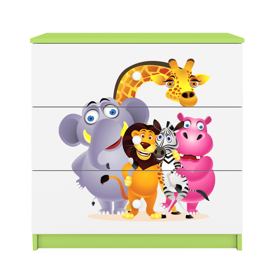 Babydreams barnekommode med dyrehagedyr, m. 3 skuffer - hvit og grnn laminat