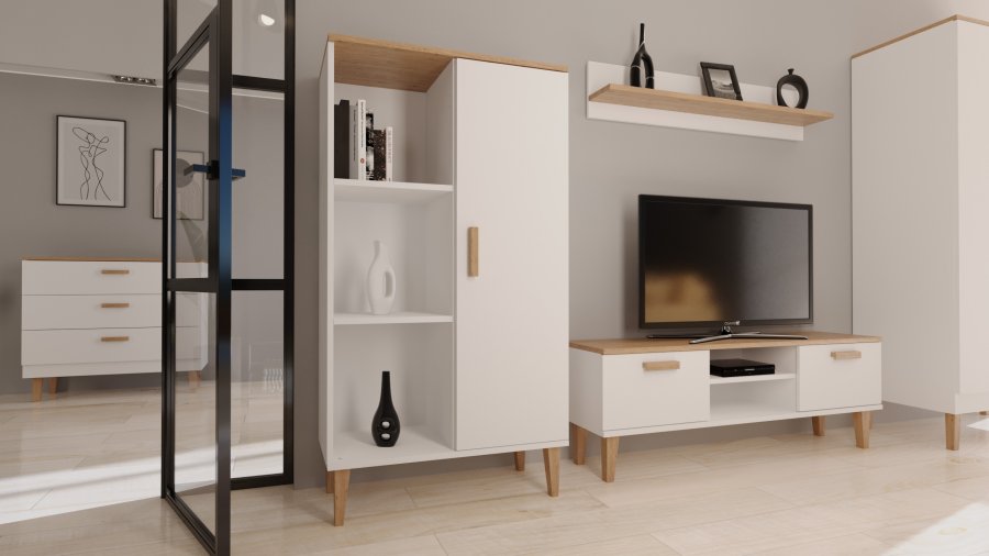 KOCOT Denver Bücherregal, mit 1 Tür und 4 Regalen – weiße und natürliche Hickory-Spanplatte (H: 120 cm x 80 cm x 35 cm)