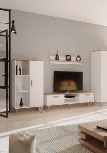 KOCOT Denver Bücherregal, mit 1 Tür und 4 Regalen – weiße und natürliche Hickory-Spanplatte (H: 120 cm x 80 cm x 35 cm)