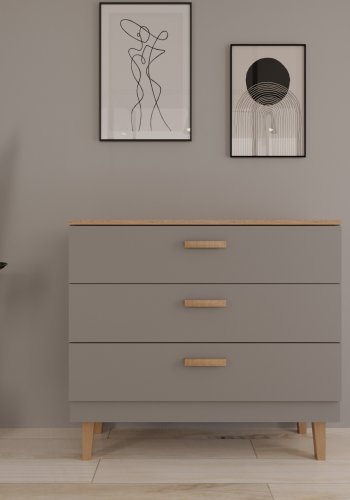 KOCOT Denver Kommode mit 3 Schubladen – Chinchillagraue Spanplatte und natürliches Hickory-/Eichenfurnier