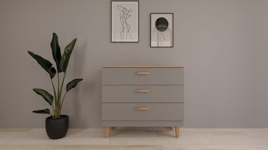 KOCOT Denver Kommode mit 3 Schubladen – Chinchillagraue Spanplatte und natürliches Hickory-/Eichenfurnier