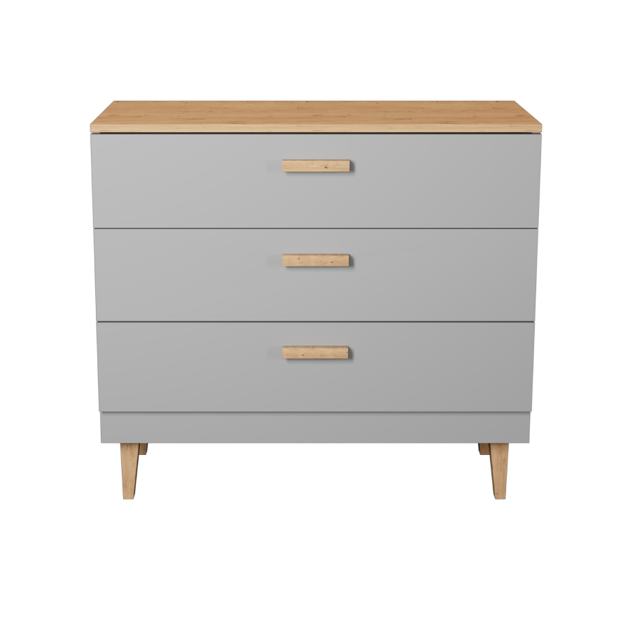 KOCOT Denver Kommode mit 3 Schubladen – Chinchillagraue Spanplatte und natürliches Hickory-/Eichenfurnier