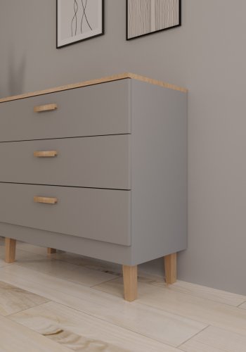 KOCOT Denver Kommode mit 3 Schubladen – Chinchillagraue Spanplatte und natürliches Hickory-/Eichenfurnier
