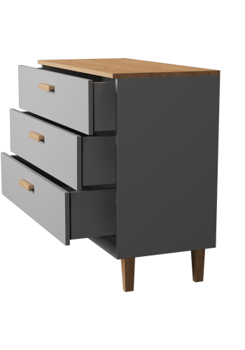 KOCOT Denver Kommode mit 3 Schubladen – Chinchillagraue Spanplatte und natürliches Hickory-/Eichenfurnier