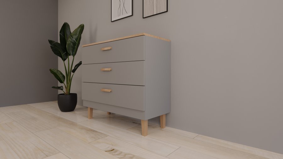 KOCOT Denver Kommode mit 3 Schubladen – Chinchillagraue Spanplatte und natürliches Hickory-/Eichenfurnier