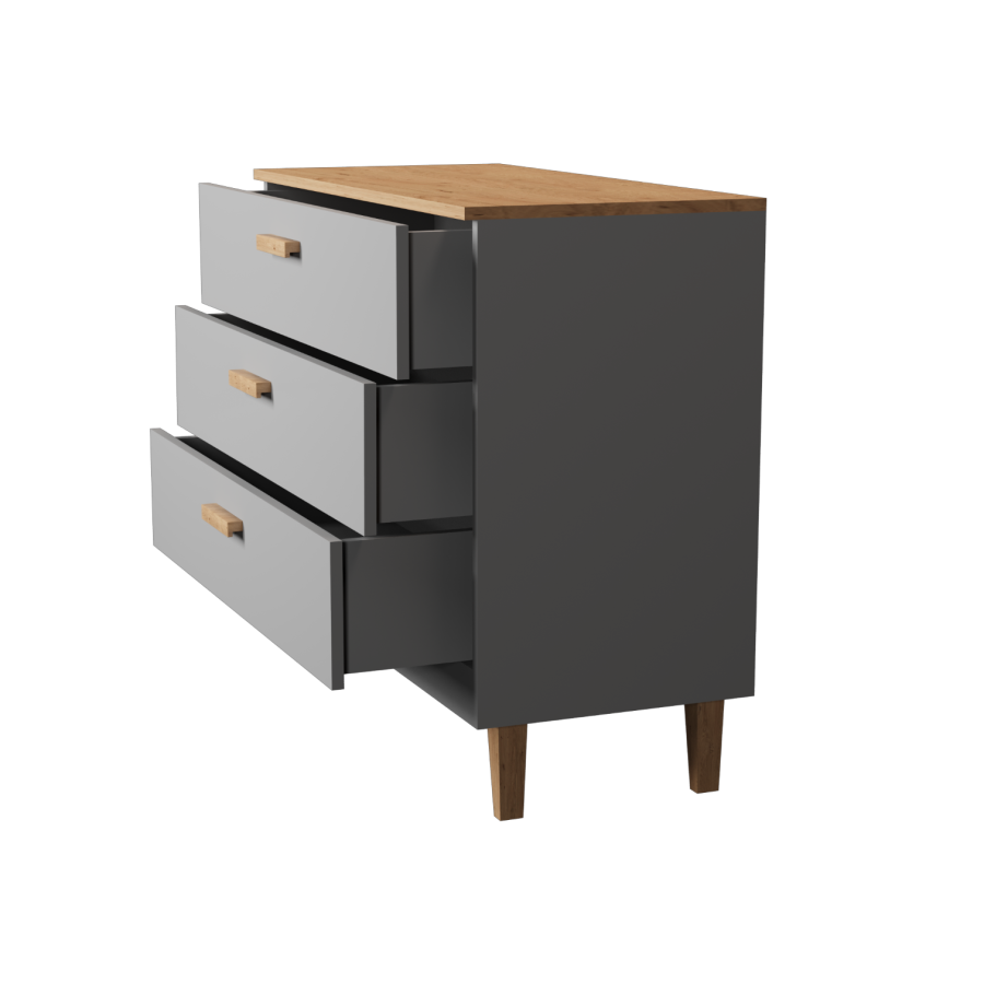 KOCOT Denver Kommode mit 3 Schubladen – Chinchillagraue Spanplatte und natürliches Hickory-/Eichenfurnier