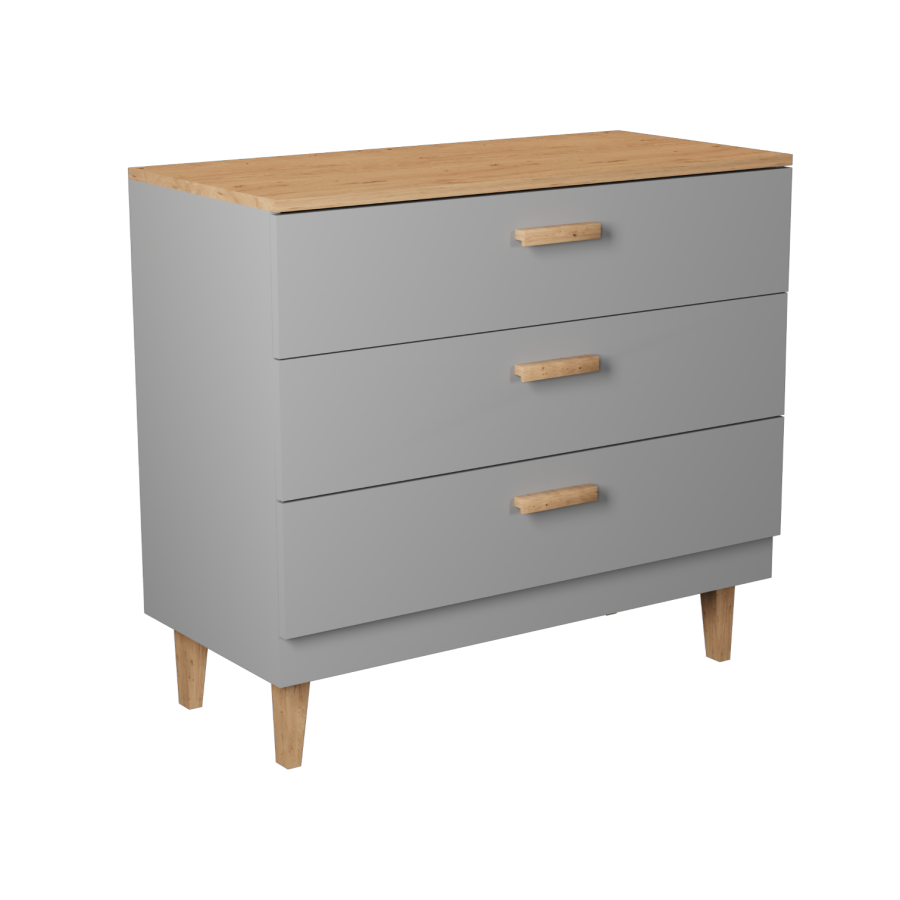 KOCOT Denver Kommode mit 3 Schubladen – Chinchillagraue Spanplatte und natürliches Hickory-/Eichenfurnier