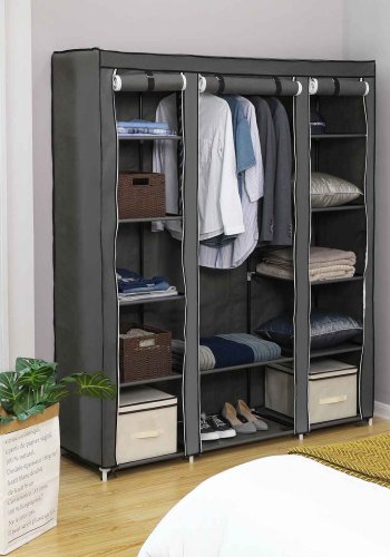 SONGMICS LSF03G garderobeskab, m. 1 b�jlestang, 12 hylder, sammenklappelig, b�rbar - gr� stof og st�l