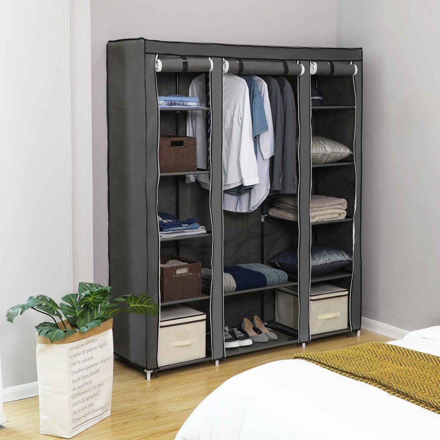 SONGMICS B�rbar Garderobe, Sammenklappelig Skab, T�jopbevaringsorganisator med B�jleskinne, Hylder, Stofbetr�k, Til Sovev�relse, Garderobe, 150 x 45 x 175 cm, Gr� LSF03G
