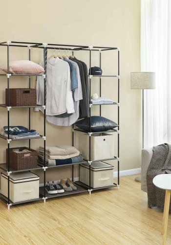 SONGMICS B�rbar Garderobe, Sammenklappelig Skab, T�jopbevaringsorganisator med B�jleskinne, Hylder, Stofbetr�k, Til Sovev�relse, Garderobe, 150 x 45 x 175 cm, Gr� LSF03G