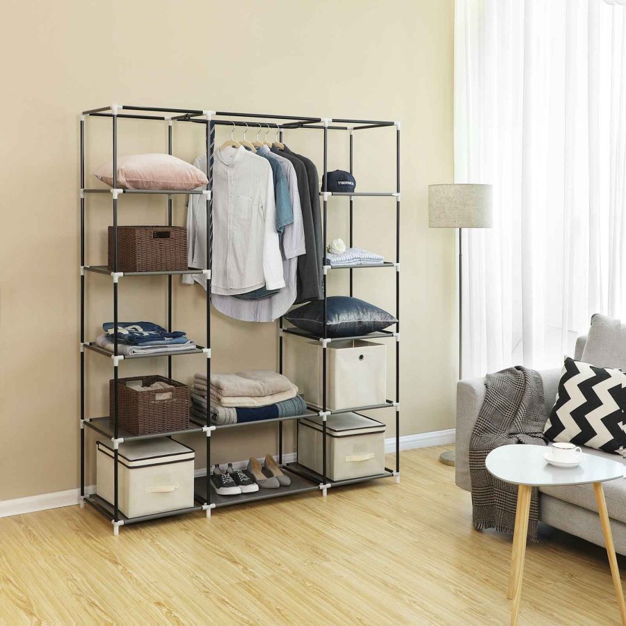 SONGMICS B�rbar Garderobe, Sammenklappelig Skab, T�jopbevaringsorganisator med B�jleskinne, Hylder, Stofbetr�k, Til Sovev�relse, Garderobe, 150 x 45 x 175 cm, Gr� LSF03G