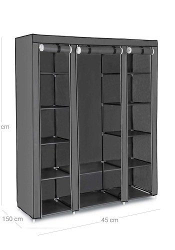 SONGMICS B�rbar Garderobe, Sammenklappelig Skab, T�jopbevaringsorganisator med B�jleskinne, Hylder, Stofbetr�k, Til Sovev�relse, Garderobe, 150 x 45 x 175 cm, Gr� LSF03G