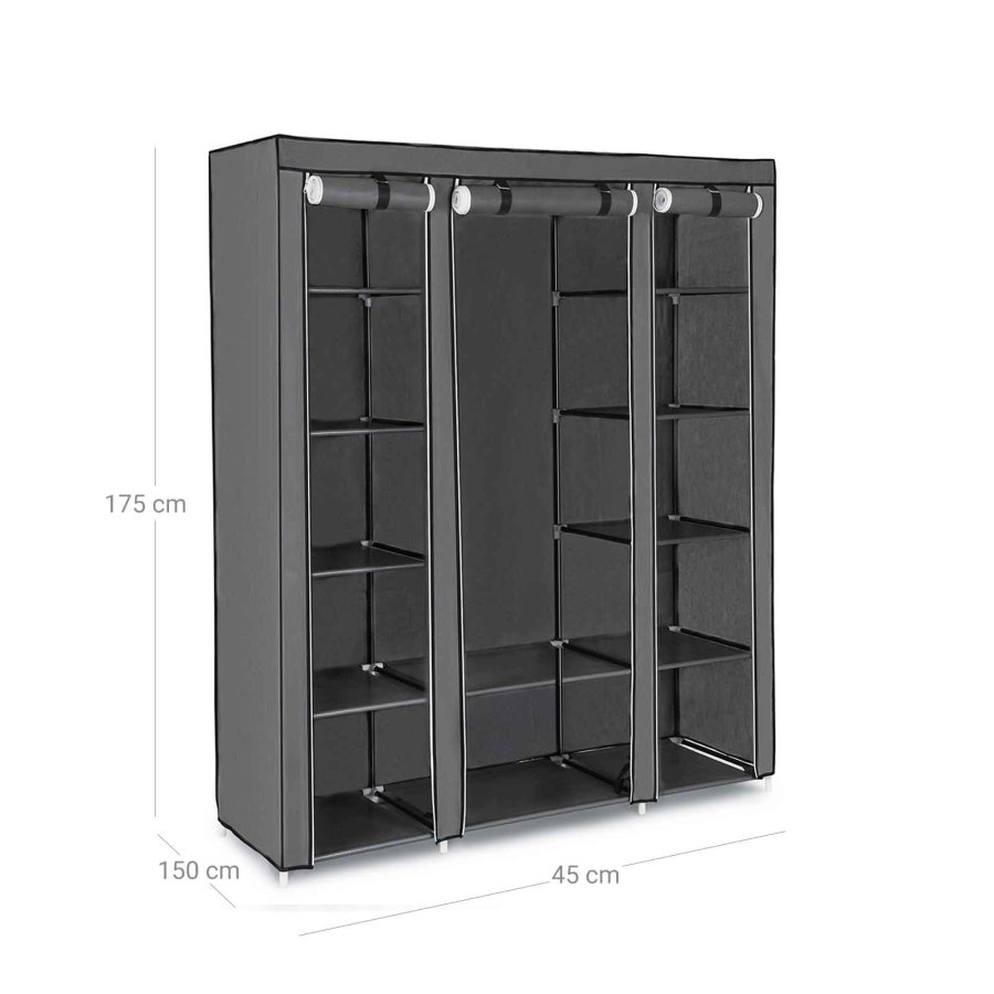 SONGMICS B�rbar Garderobe, Sammenklappelig Skab, T�jopbevaringsorganisator med B�jleskinne, Hylder, Stofbetr�k, Til Sovev�relse, Garderobe, 150 x 45 x 175 cm, Gr� LSF03G