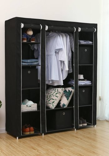 SONGMICS LSF03H garderobeskab, m. 2 b�jlestang, 12 hylder, sammenklappelig, b�rbar - sort stof og st�l