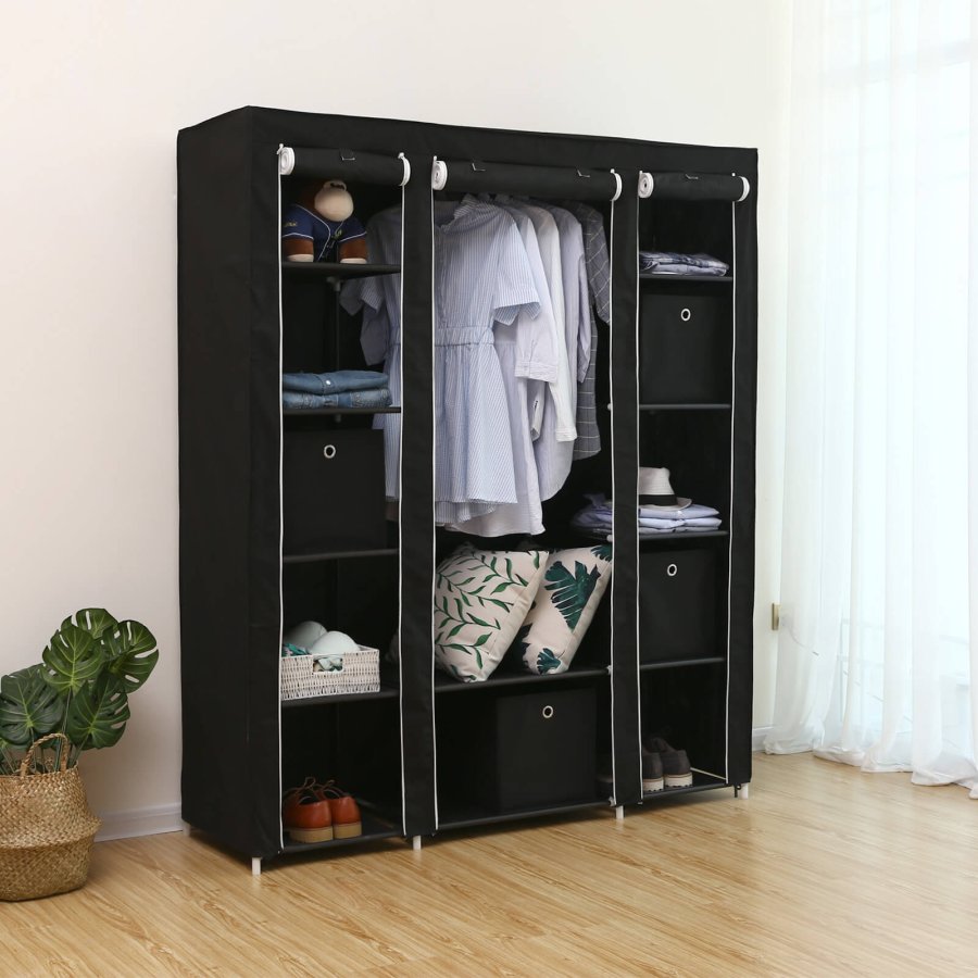 SONGMICS B�rbar Garderobe, Sammenklappelig Skab, T�jopbevaringsorganisator med B�jleskinne, Hylder, Stofbetr�k, Til Sovev�relse, Garderobe, 150 x 45 x 175 cm, Sort LSF03H