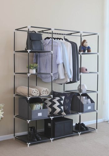 SONGMICS B�rbar Garderobe, Sammenklappelig Skab, T�jopbevaringsorganisator med B�jleskinne, Hylder, Stofbetr�k, Til Sovev�relse, Garderobe, 150 x 45 x 175 cm, Sort LSF03H