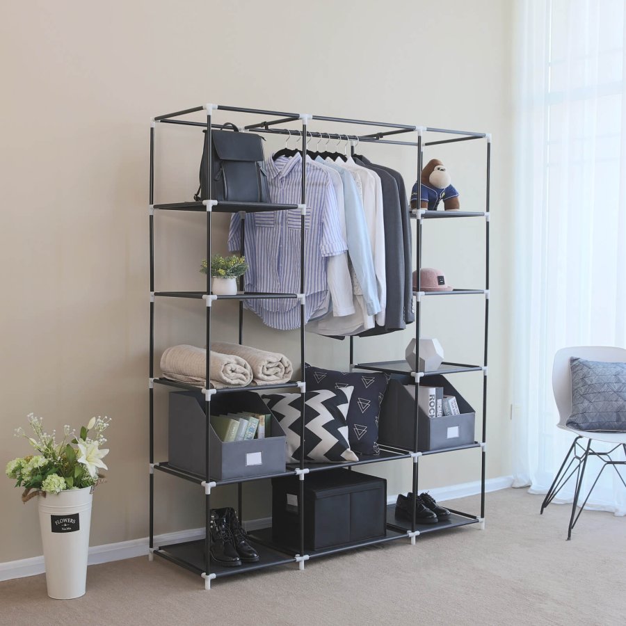 SONGMICS B�rbar Garderobe, Sammenklappelig Skab, T�jopbevaringsorganisator med B�jleskinne, Hylder, Stofbetr�k, Til Sovev�relse, Garderobe, 150 x 45 x 175 cm, Sort LSF03H