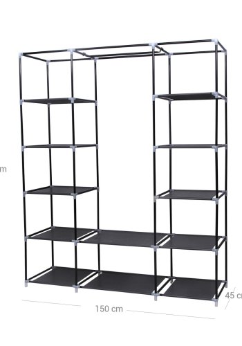 SONGMICS B�rbar Garderobe, Sammenklappelig Skab, T�jopbevaringsorganisator med B�jleskinne, Hylder, Stofbetr�k, Til Sovev�relse, Garderobe, 150 x 45 x 175 cm, Sort LSF03H
