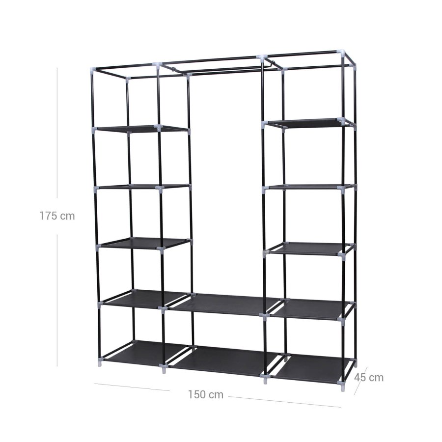 SONGMICS B�rbar Garderobe, Sammenklappelig Skab, T�jopbevaringsorganisator med B�jleskinne, Hylder, Stofbetr�k, Til Sovev�relse, Garderobe, 150 x 45 x 175 cm, Sort LSF03H