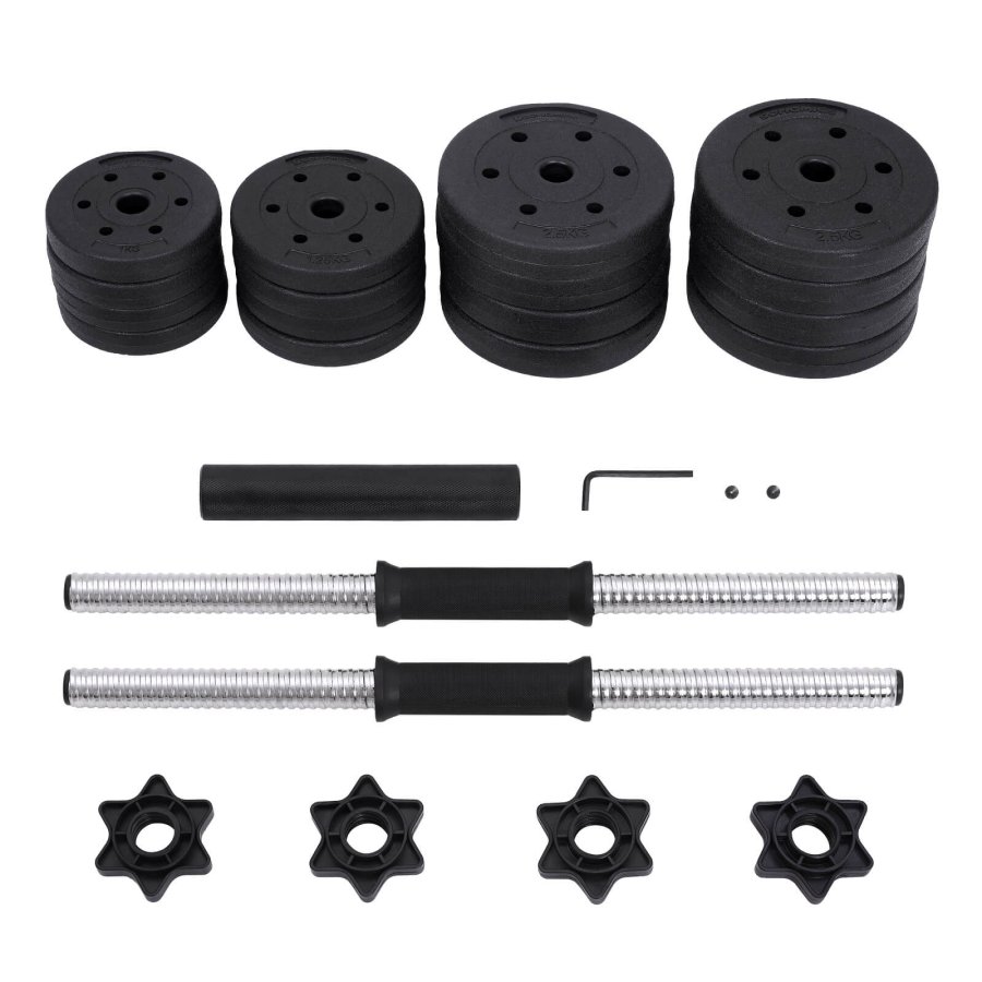 SONGMICS SYL30HBK 2-in-1 Hantelset, mit 1 zus&auml;tzlicher Langhantel, verstellbar, rund - schwarze Kunststoffabdeckung mit Beton- und Sandf&uuml;llung und Stahl (2x15kg)