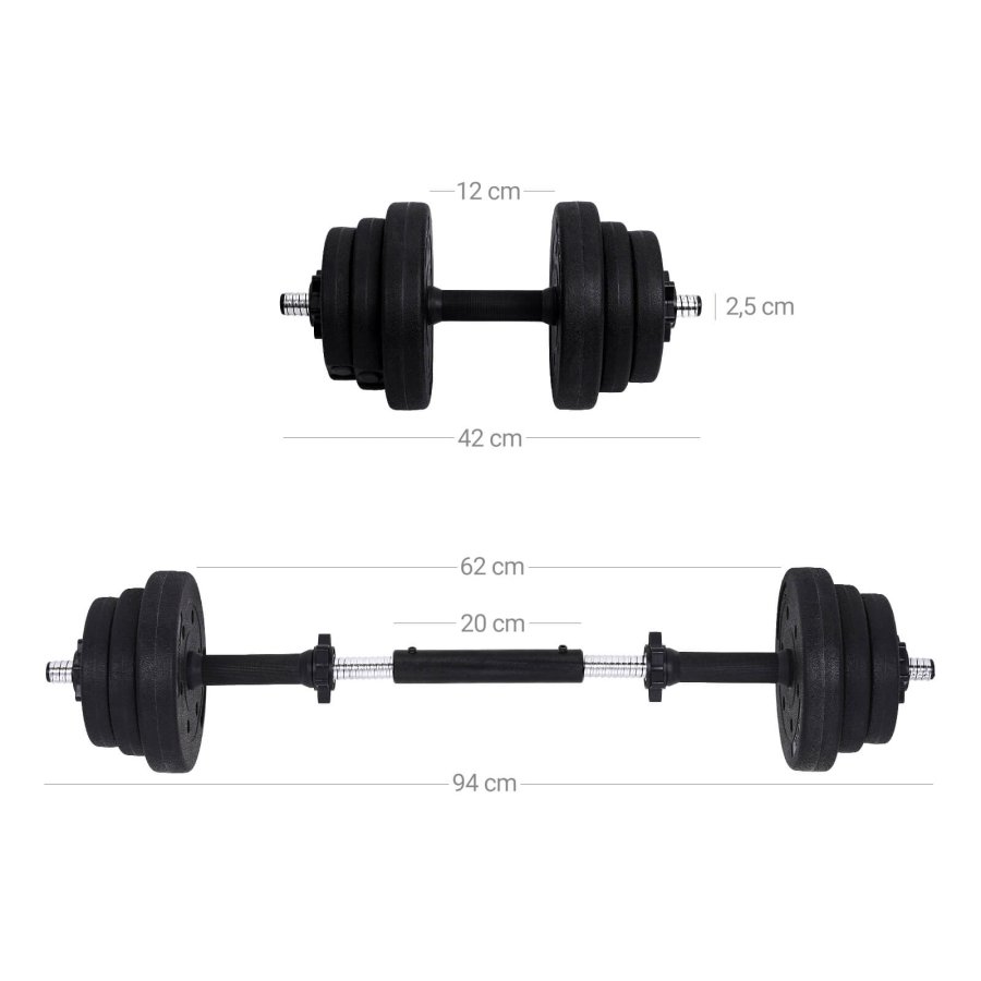SONGMICS SYL30HBK 2-in-1 Hantelset, mit 1 zus&auml;tzlicher Langhantel, verstellbar, rund - schwarze Kunststoffabdeckung mit Beton- und Sandf&uuml;llung und Stahl (2x15kg)