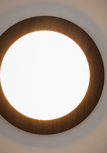 KAVE HOME Novae badev�relsesloftlampe, rund - frostet glas og lyst b�rstet st�l med m�rkt tr�look (�40)