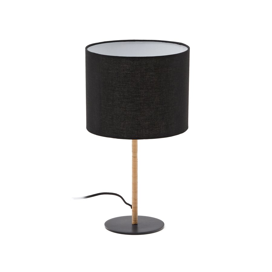 KAVE HOME Pina bordlampe i metall og rotting med svart bomullsskjerm